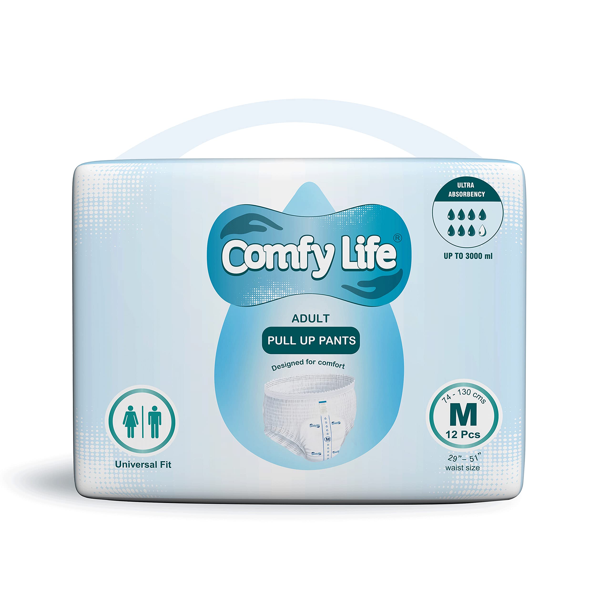 Comfy Life premium diaper package highlights easy sizing for comfortable wear.