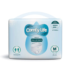 Comfy Life premium diaper package highlights easy sizing for comfortable wear.