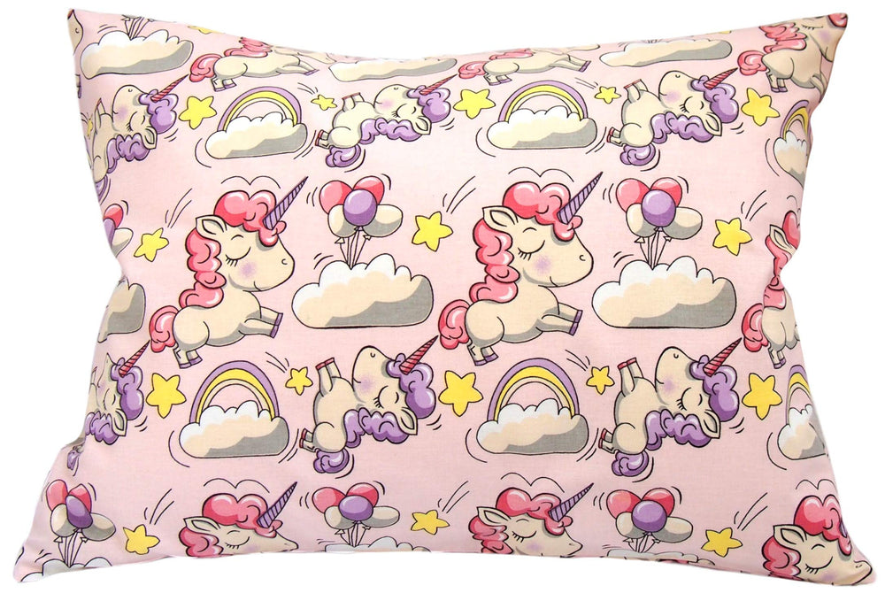 Comfy Turtles pink unicorn pillowcase with balloons; soft cotton for cozy naps.