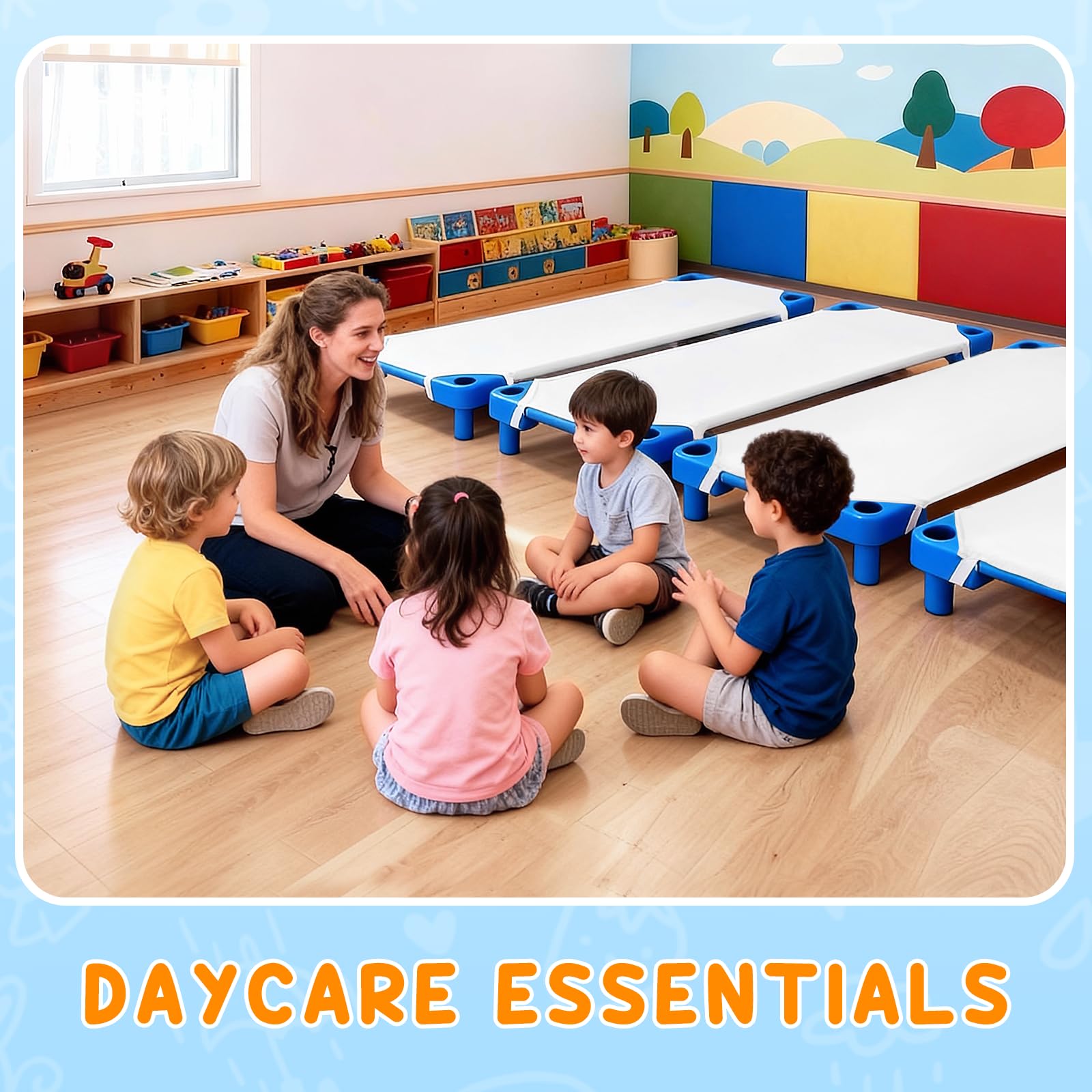 Corner-cut design keeps daycare cots stackable when stored.