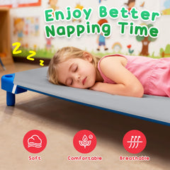 Comfyanno cot sheets with corner cut-out maintain cot stacking.
