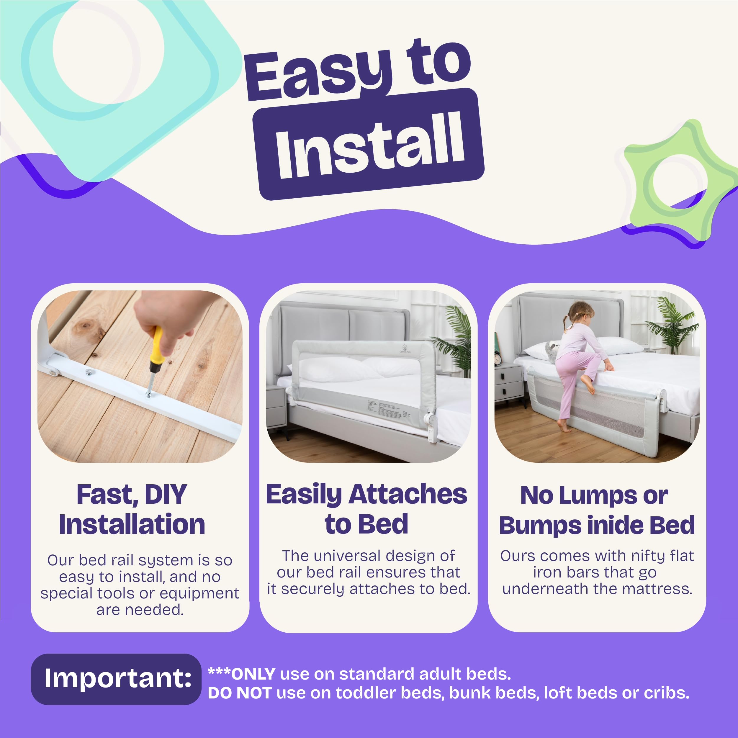 ComfyBumpy bed rail fits twin, full, and toddler beds for versatility.