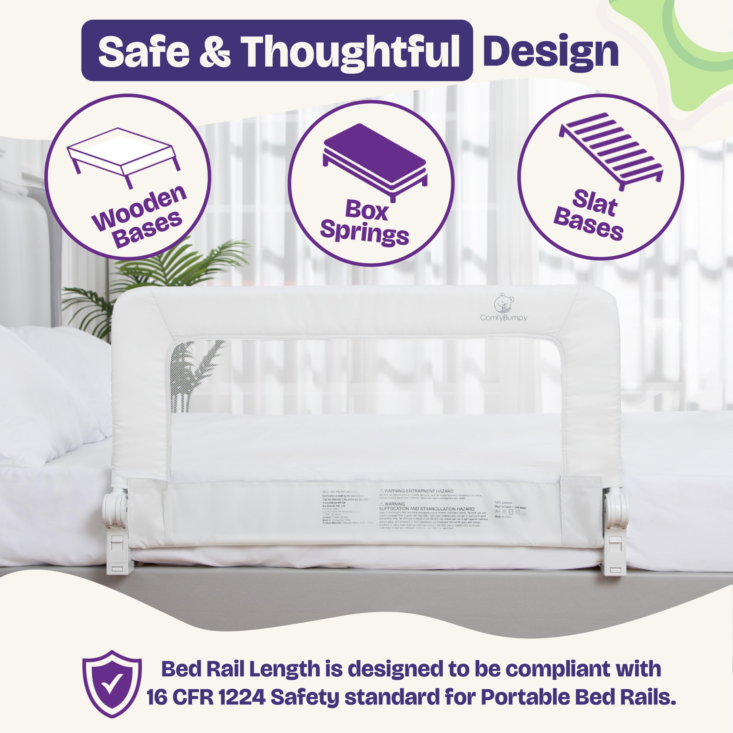 ComfyBumpy white bed rail side view shows a slim bedroom profile.