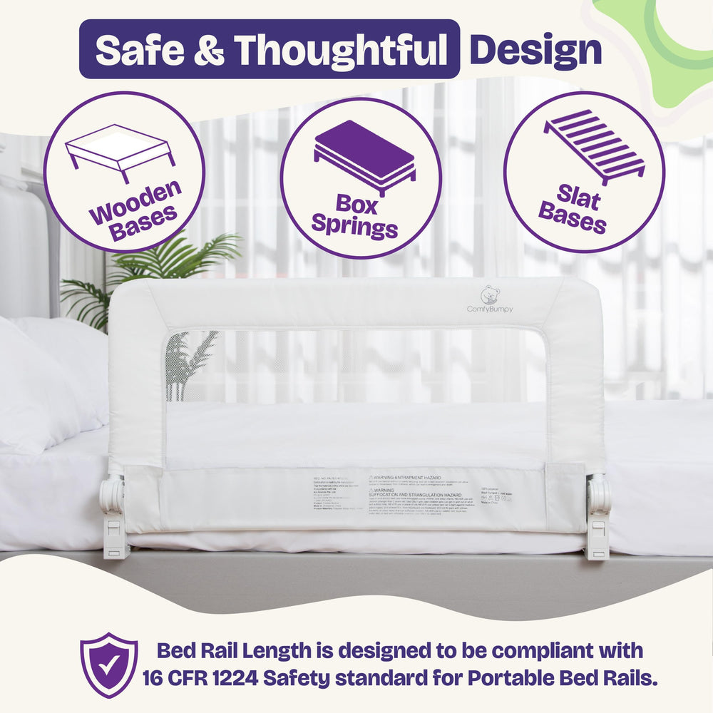 ComfyBumpy white bed rail side view shows a slim bedroom profile.