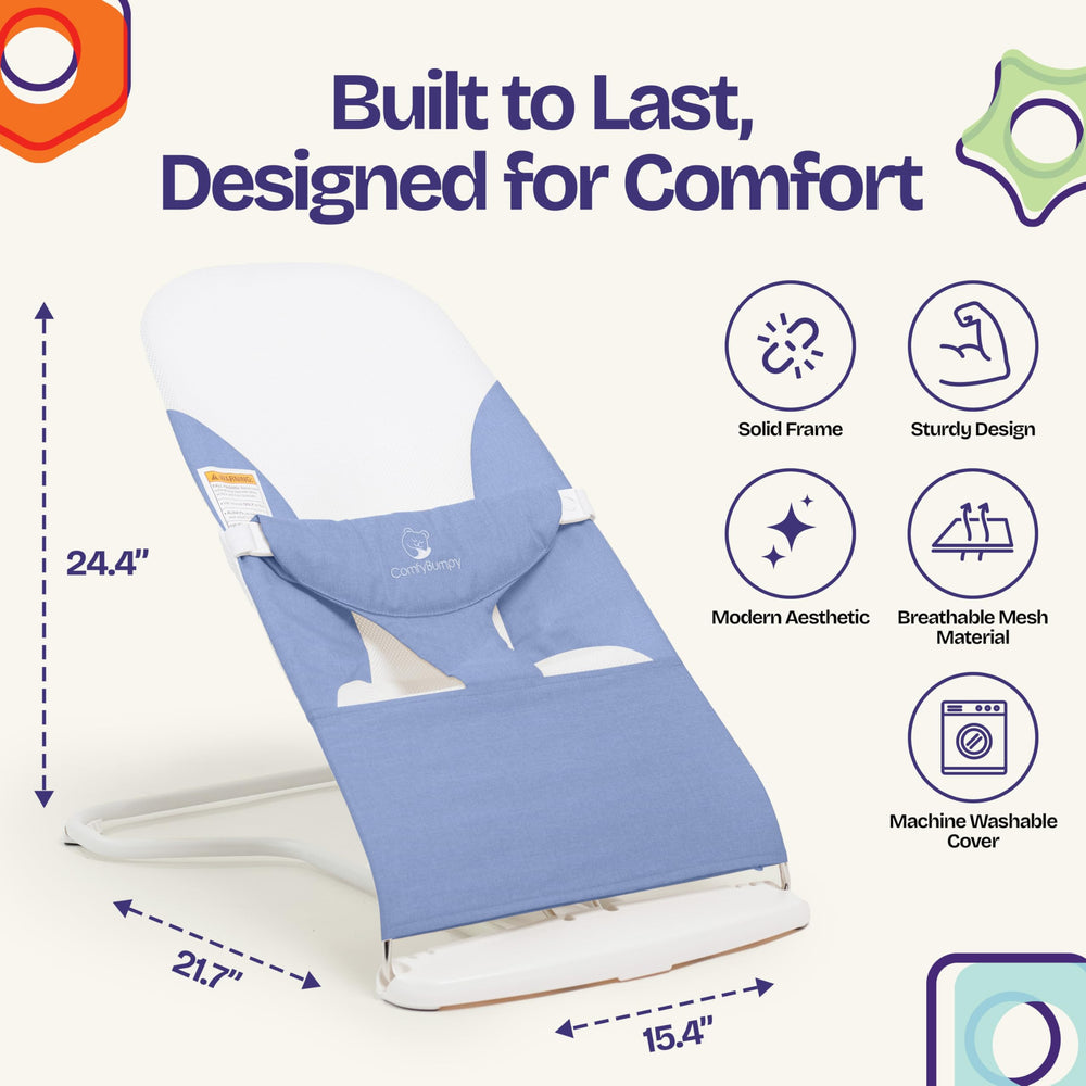 Blue ComfyBumpy bouncer illustrating 3-point safety harness