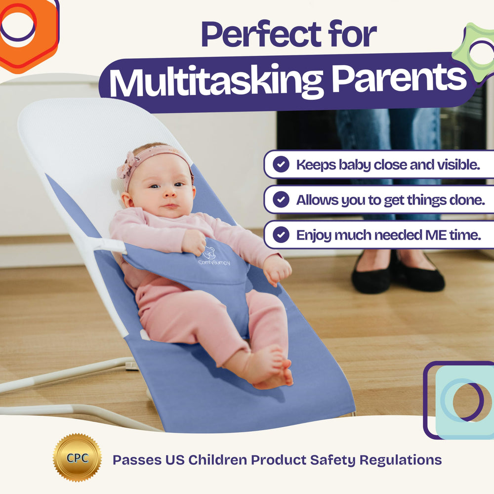 ComfyBumpy blue bouncer side view highlighting breathable mesh seat