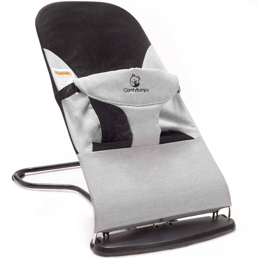 ComfyBumpy ergonomic baby bouncer seat gray with secure 3-point harness for newborn comfort.