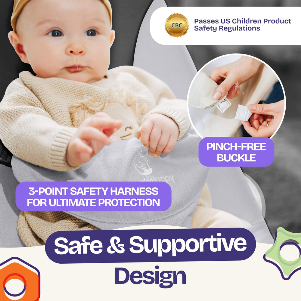 ComfyBumpy foldable portable bouncer moves easily between rooms for supervision.