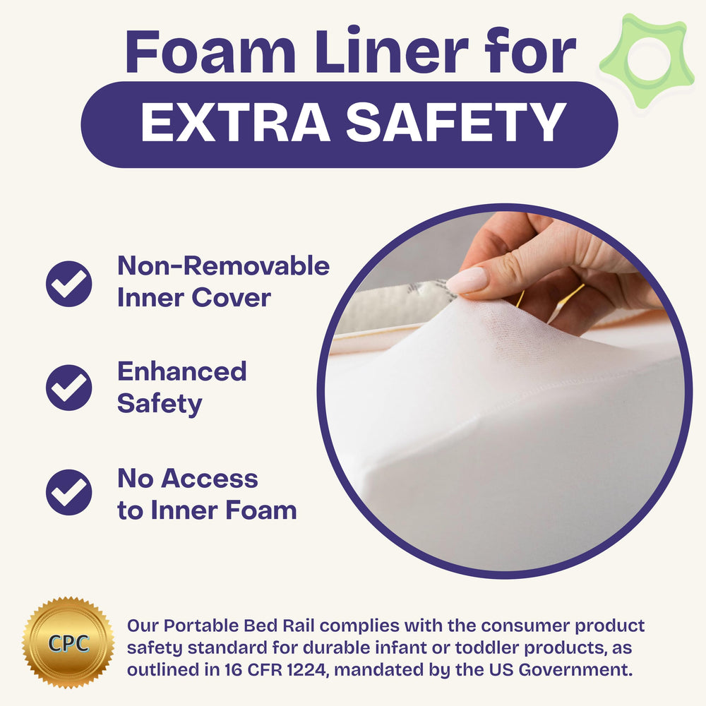 ComfyBumpy non-slip-bottom keeps rail secure on bed sheets.