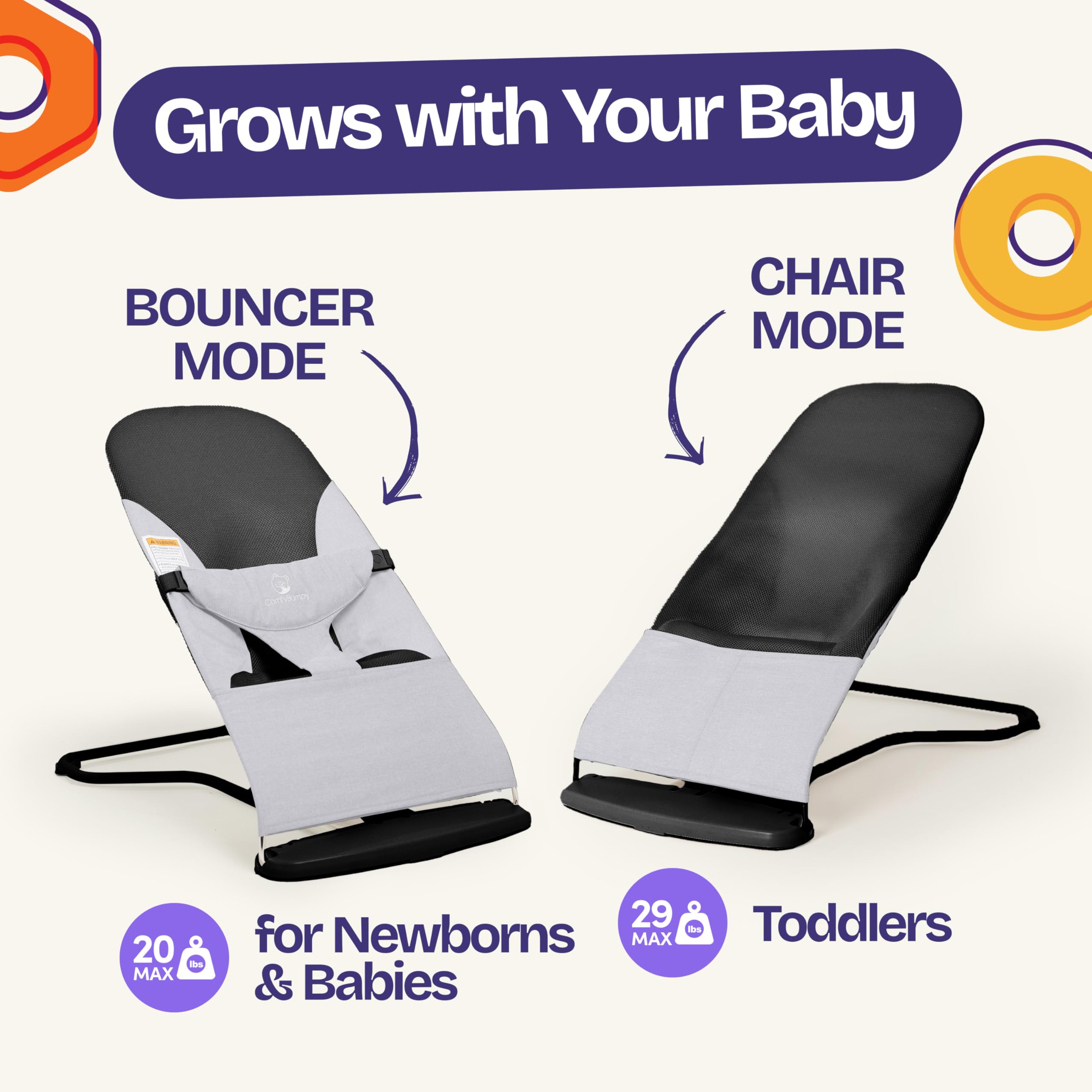 ComfyBumpy removable machine-washable cover simplifies cleanup after meals and play.