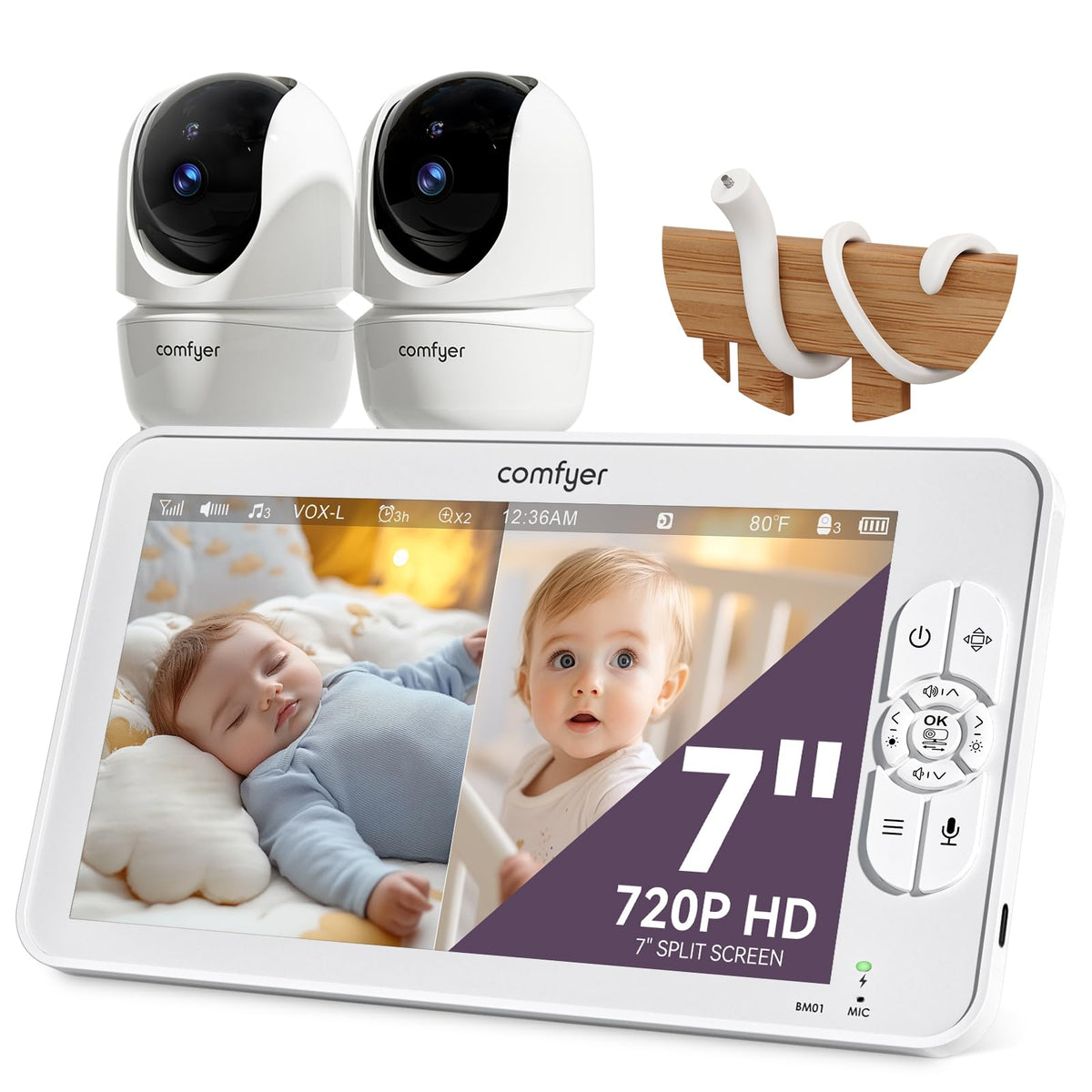 Comfyer dual-camera split-screen view for monitoring two babies at once.