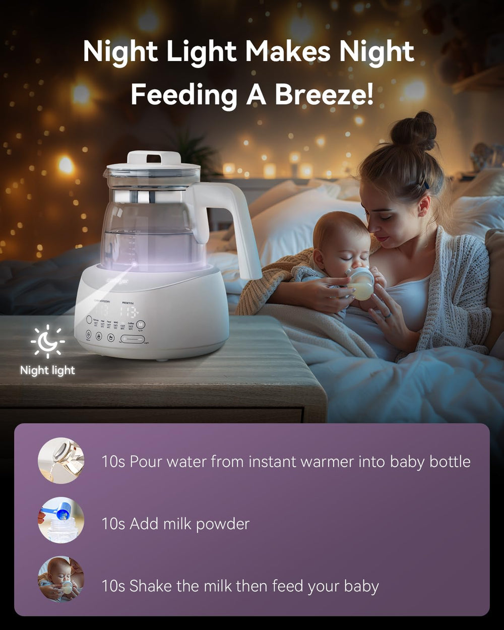 Comfyer warmer with accurate temperature control supports precise formula and drink temps.