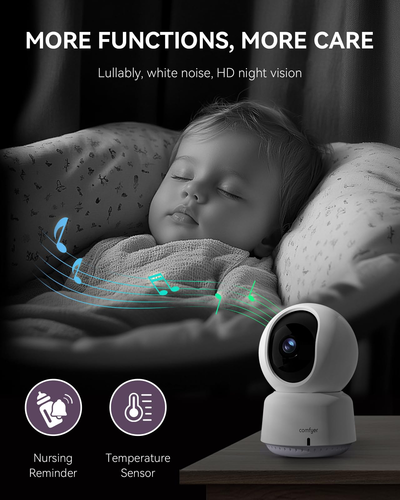 Comfyer camera with 355° pan and 67° tilt provides wide room coverage.