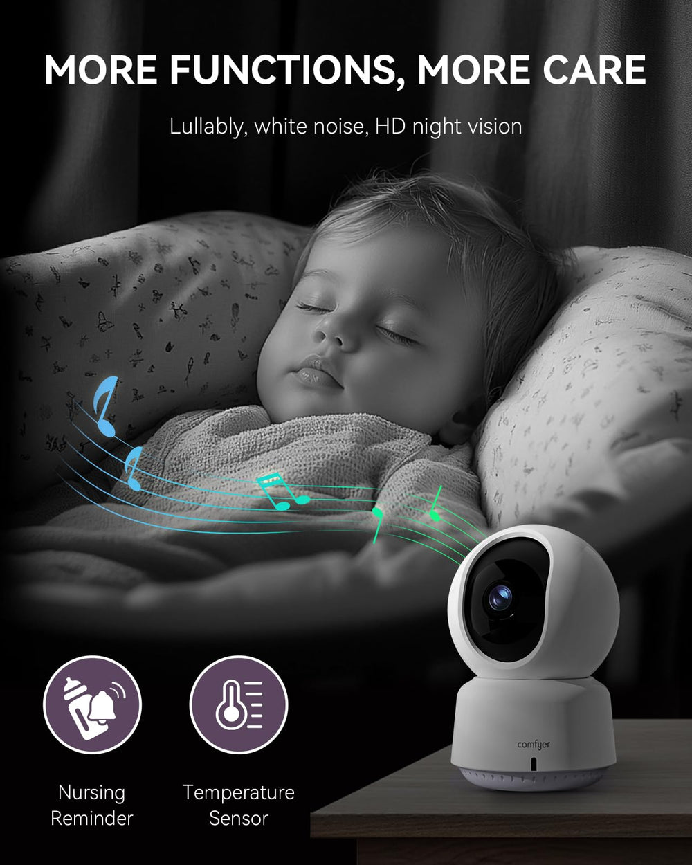 Comfyer camera with 355° pan and 67° tilt provides wide room coverage.