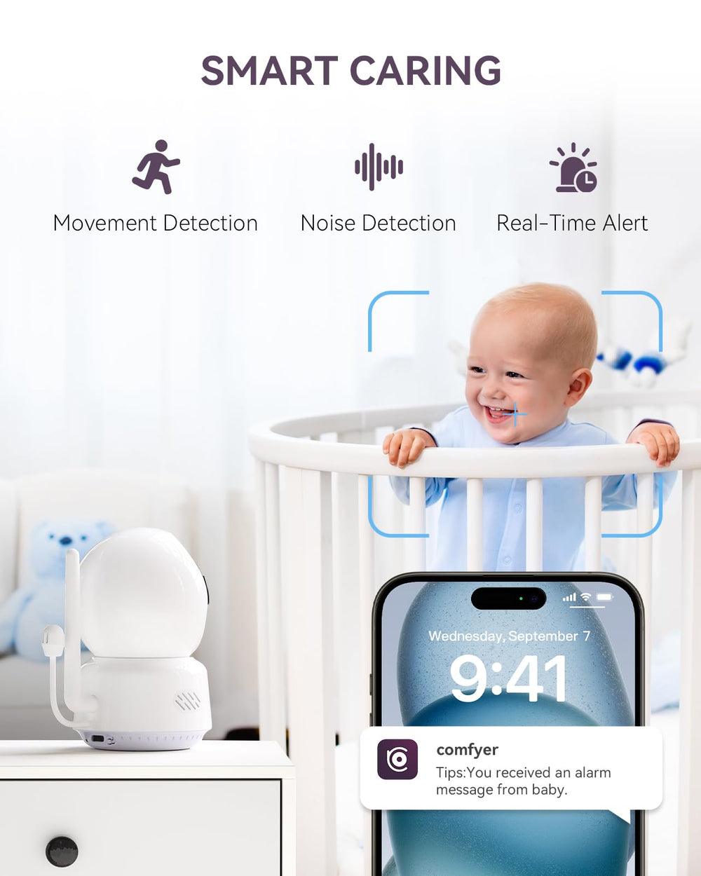 Comfyer two-way audio lets you speak or soothe from anywhere.