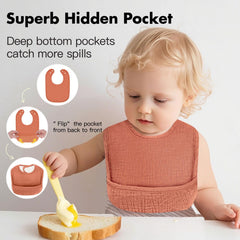 COMFYROLL hidden-pocket bib catches spills during meals