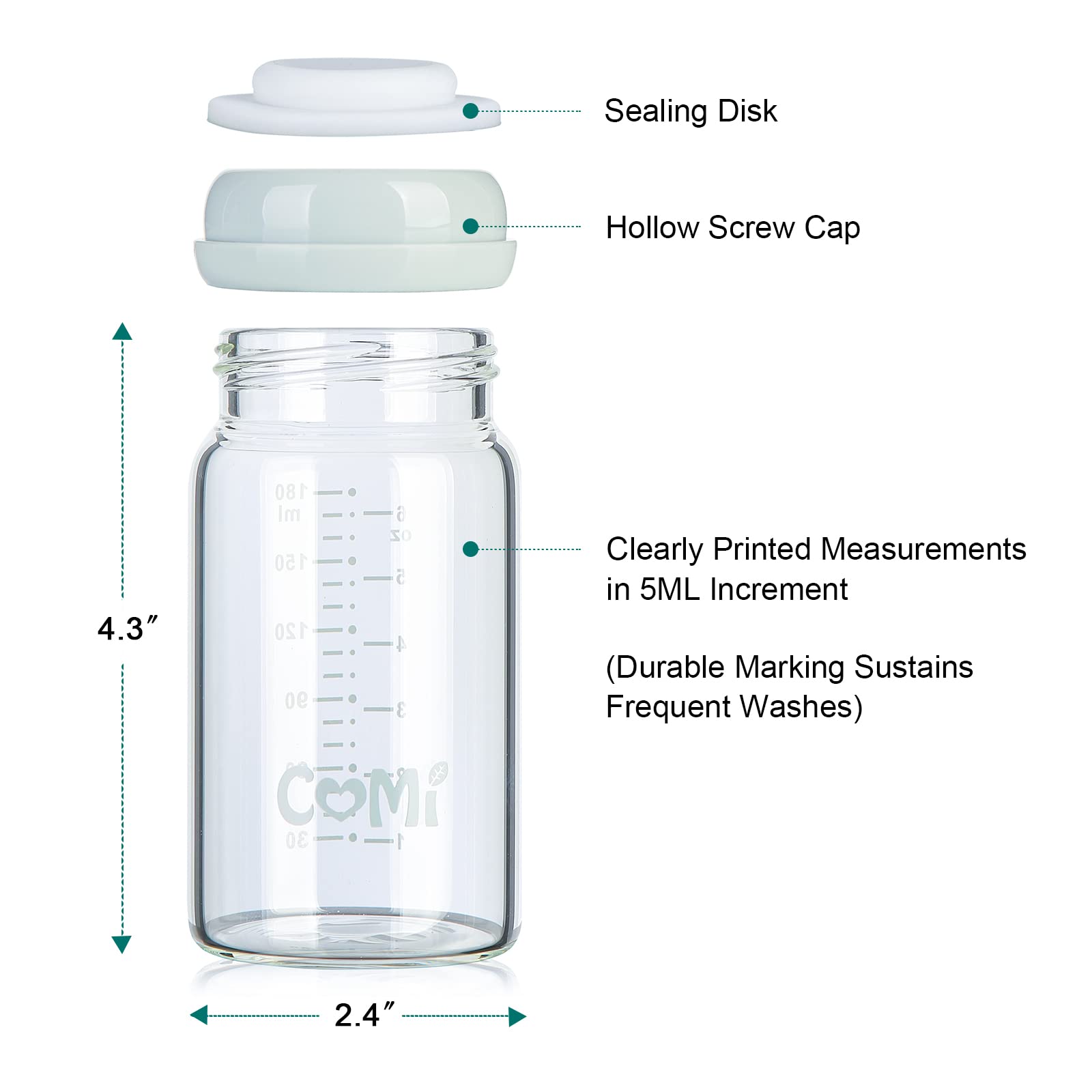 COMI borosilicate glass bottle designed for safe, odor-free milk storage.