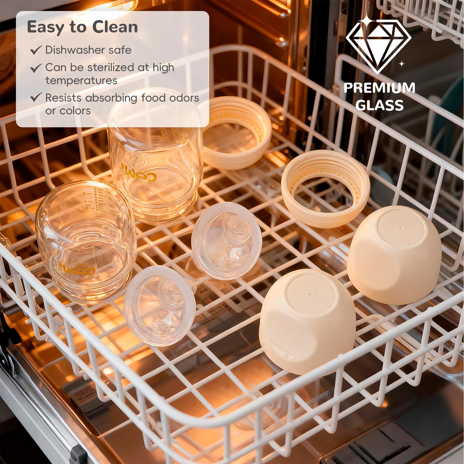 COMI wide-neck bottle design simplifies cleaning and assembly after feeds.