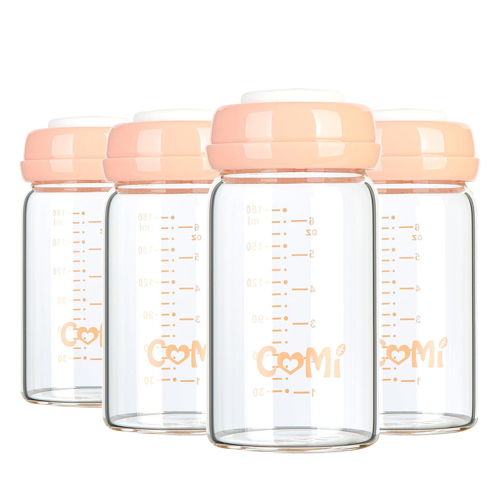 COMI wide-neck glass breastmilk bottle 6oz four-pack for pumping and storage.