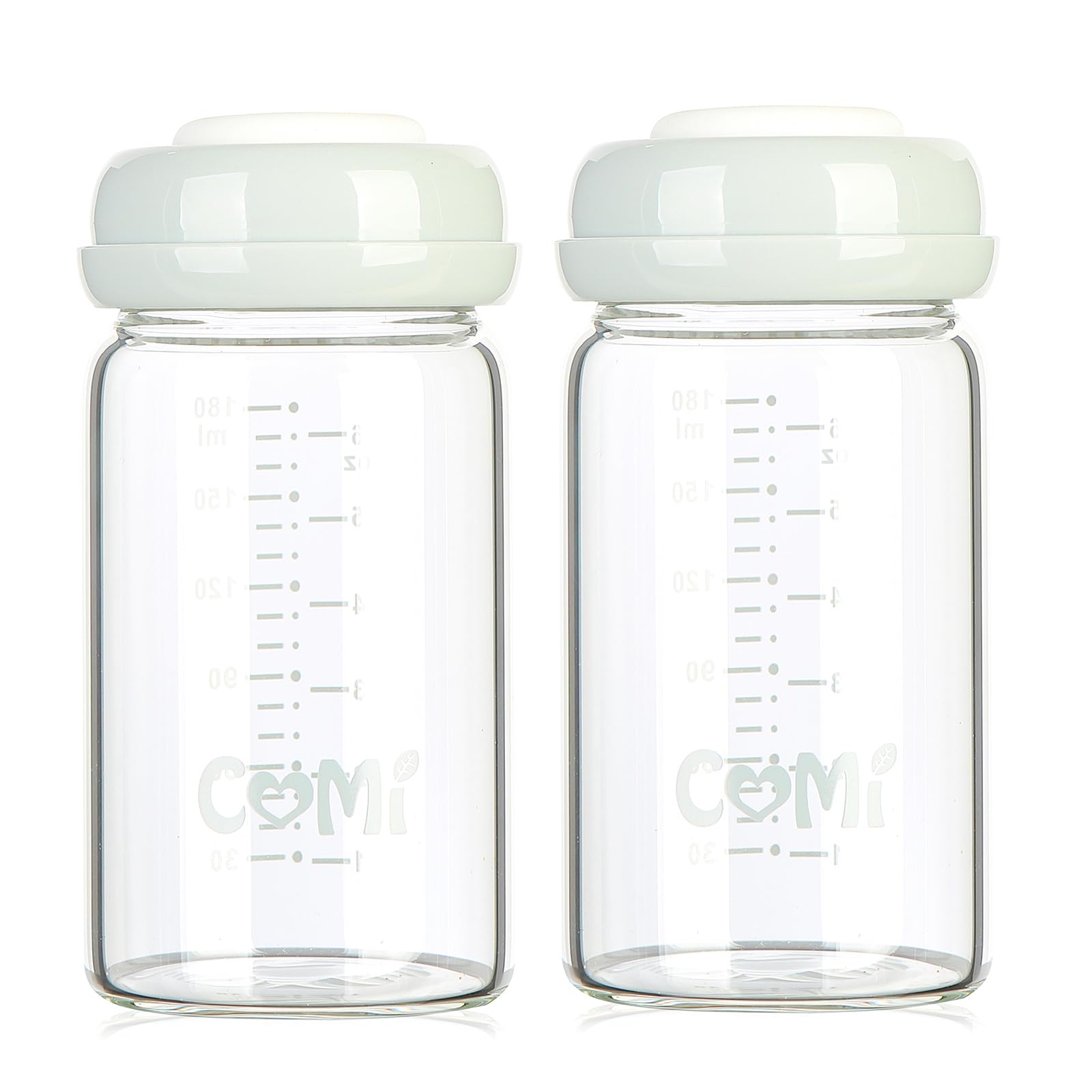 COMI wide-neck glass breastmilk bottle with 6oz capacity for pumping and storage.