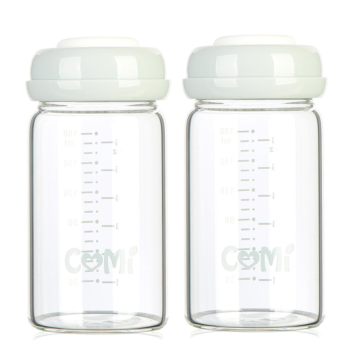 COMI wide-neck glass breastmilk bottle with 6oz capacity for pumping and storage.