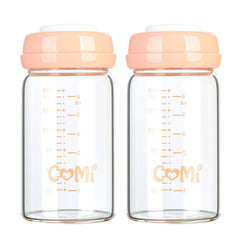 COMI wide-neck glass bottle for easy pumping and feeding.