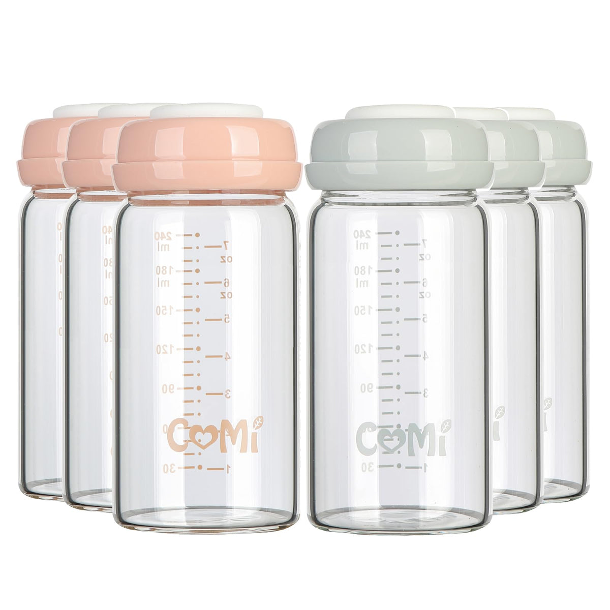 COMI wide-neck glass bottle in 8oz with six-pack for pump, store, and feed.