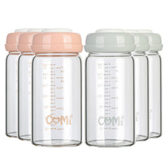 COMI wide-neck glass bottle in 8oz with six-pack for pump, store, and feed.
