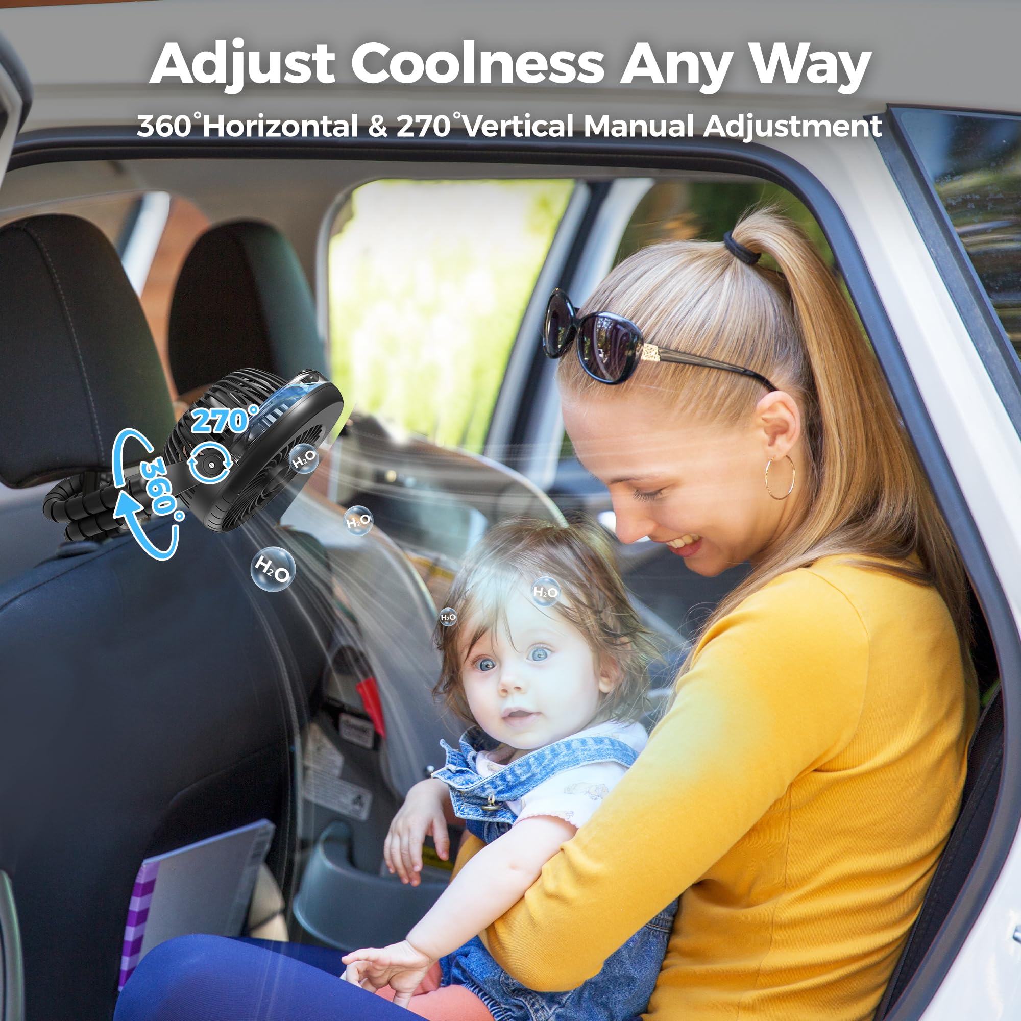 COMLIFE stroller fan with 360 rotation and 270 tilt for precise direction.