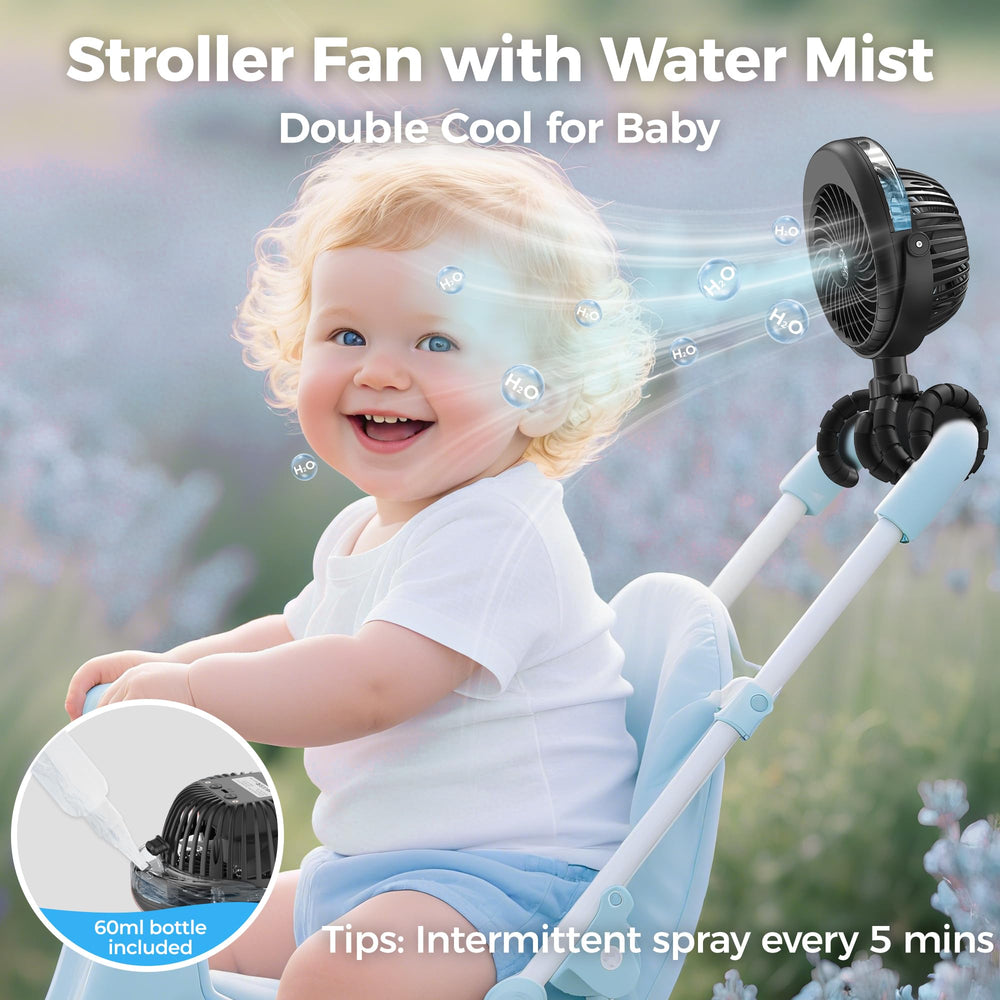 COMLIFE misting stroller fan showing 50ml tank for refreshing spray on sunny days.