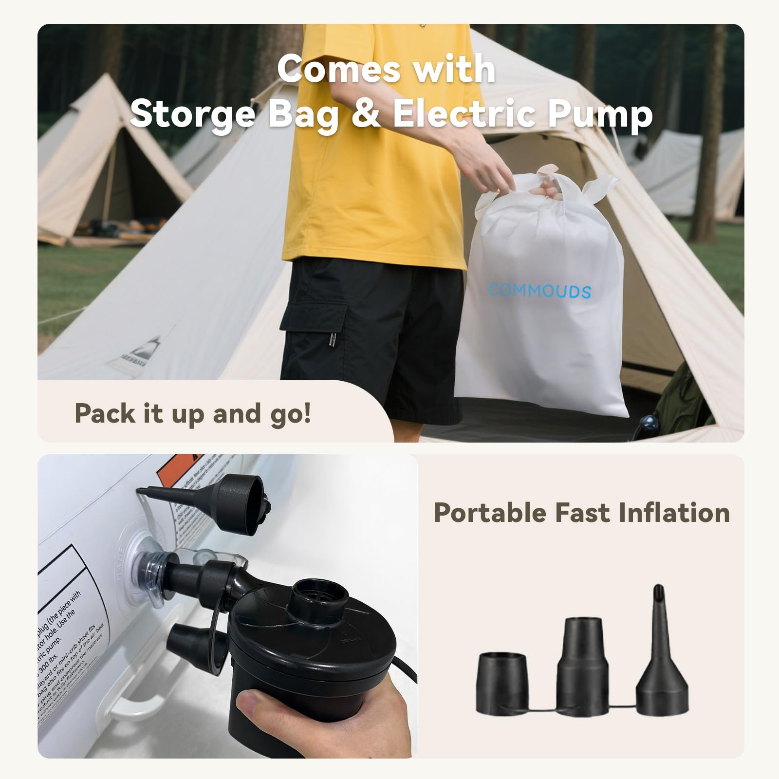 COMMOUDS fast air pump included for speedy inflation and deflation