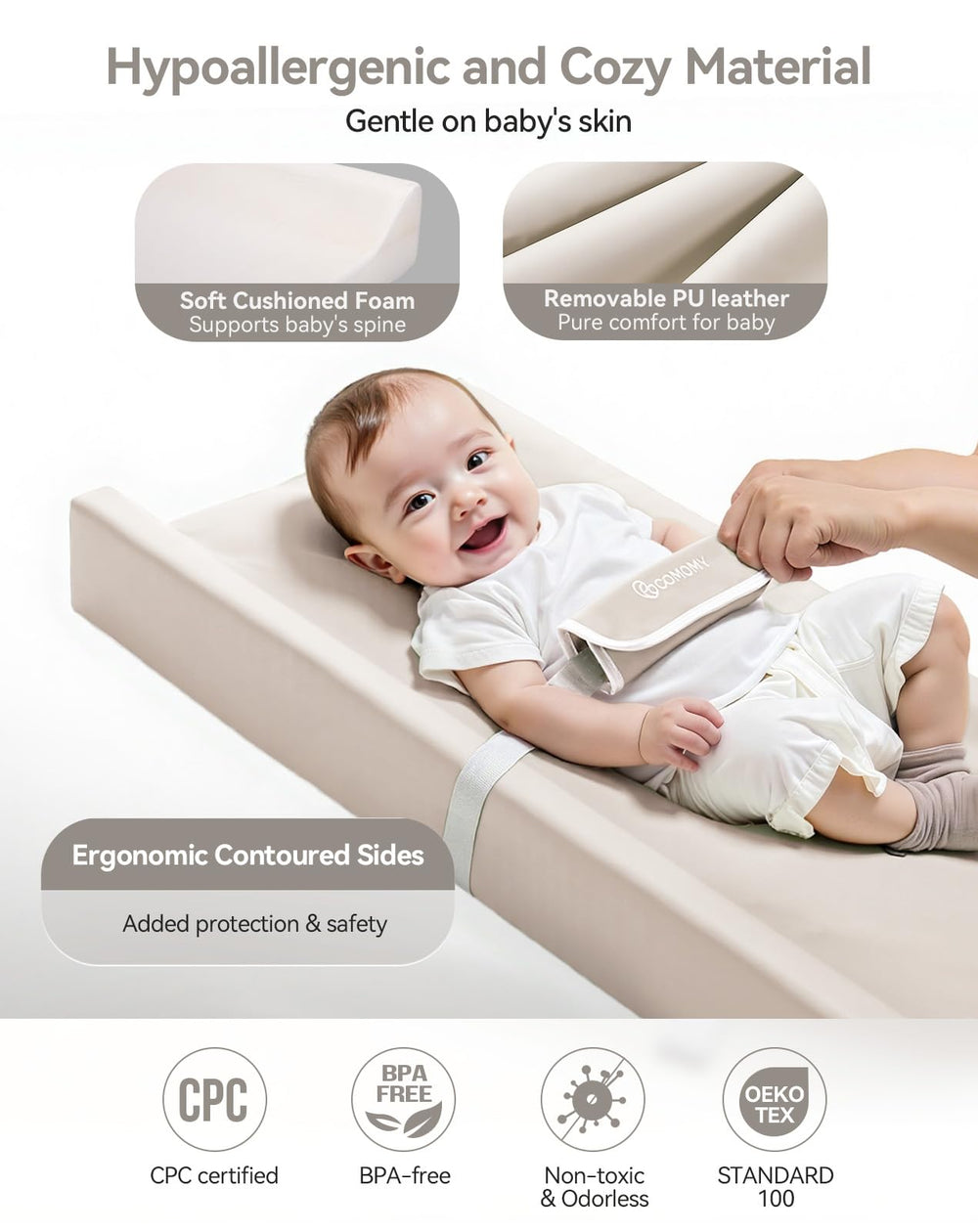 COMOMY changing pad has anti-roll sides to help keep newborns settled.
