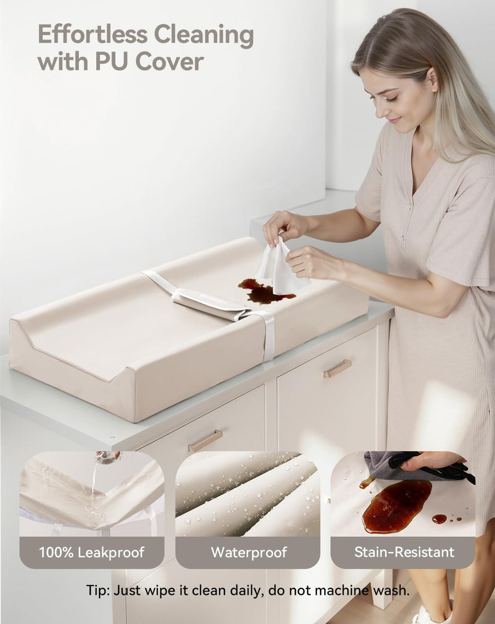 COMOMY changing pad features padded foam for soft, gentle support during diaper changes.