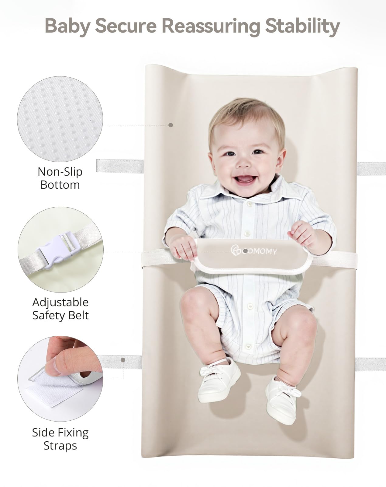 COMOMY changing pad includes safety belt and protective cover to reduce pinching during use.