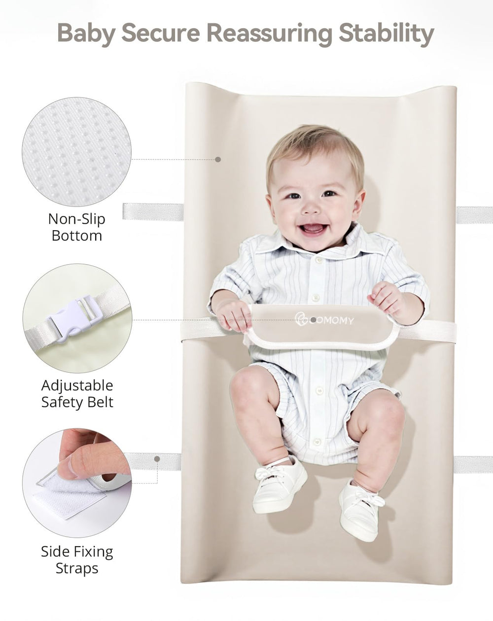 COMOMY changing pad includes safety belt and protective cover to reduce pinching during use.
