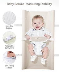 COMOMY changing pad includes safety belt and protective cover to reduce pinching during use.