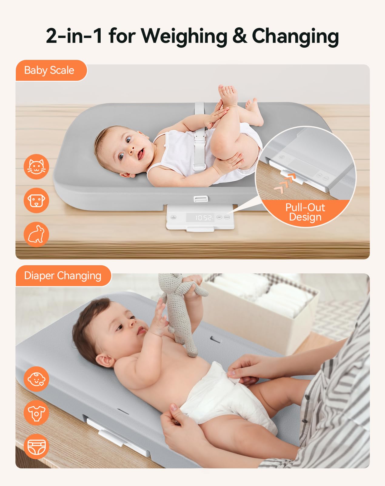 COMOMY pad and scale with large readout visible during diaper changes.