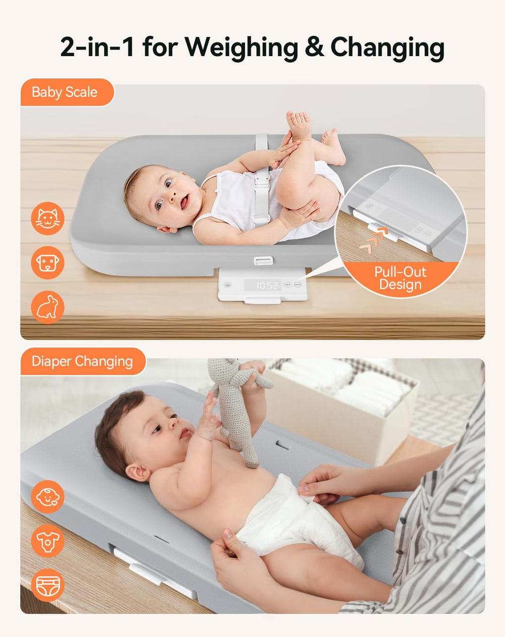 COMOMY pad and scale with large readout visible during diaper changes.