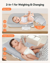 COMOMY pad and scale with large readout visible during diaper changes.