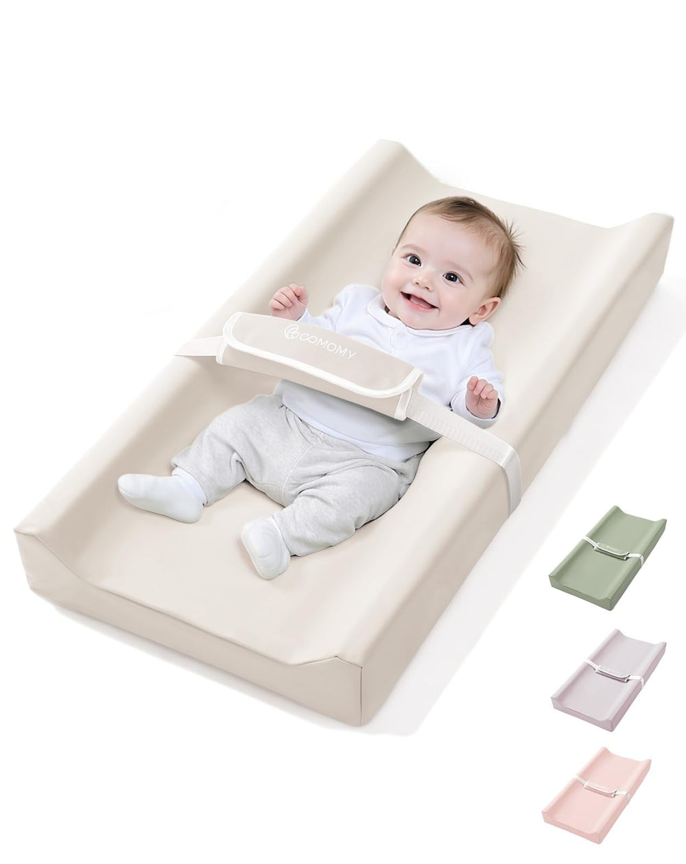 COMOMY baby changing pad with wipeable cover for easy cleanup and mess-free diaper changes.