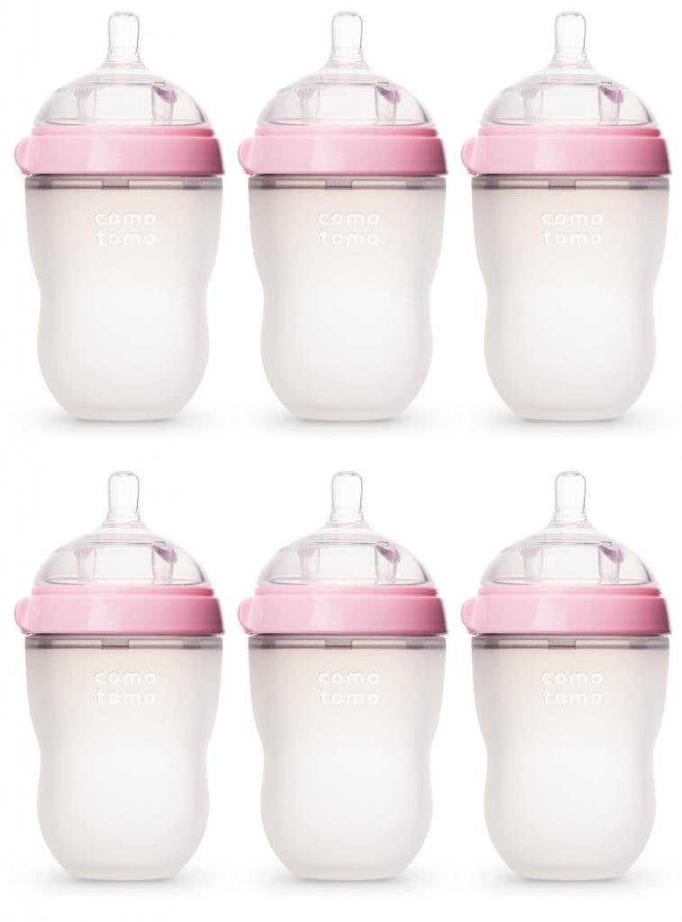 Comotomo Natural Feel 8oz pink bottle in a 6-pack for convenient feeding sessions.