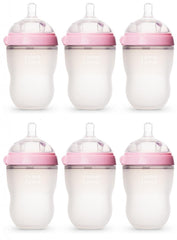 Comotomo Natural Feel 8oz pink bottle in a 6-pack for convenient feeding sessions.