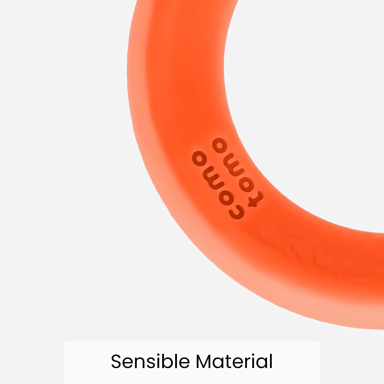 Comotomo orange teether shown for fast cleaning and sanitizing.