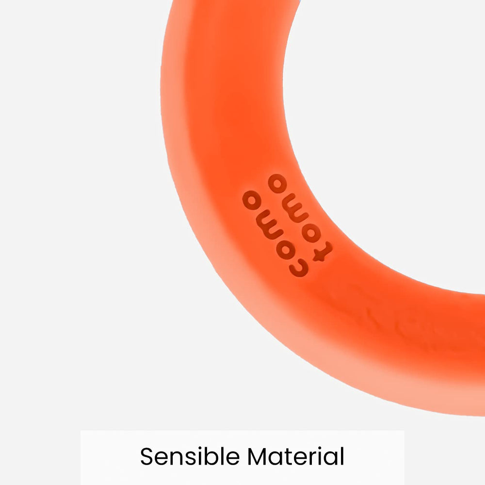 Comotomo orange teether shown for fast cleaning and sanitizing.