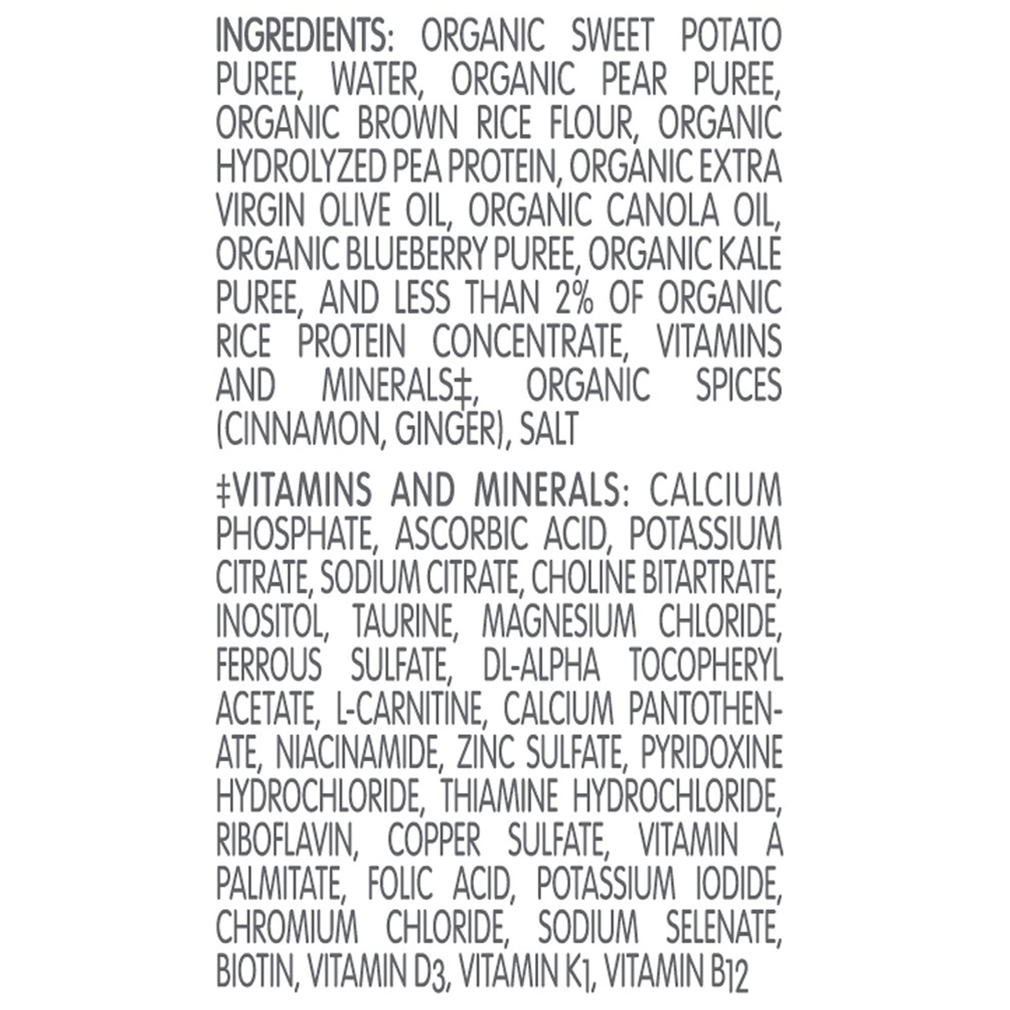 Ingredients panel of Compleat Organic Blends featuring fruits, vegetables, and chicken