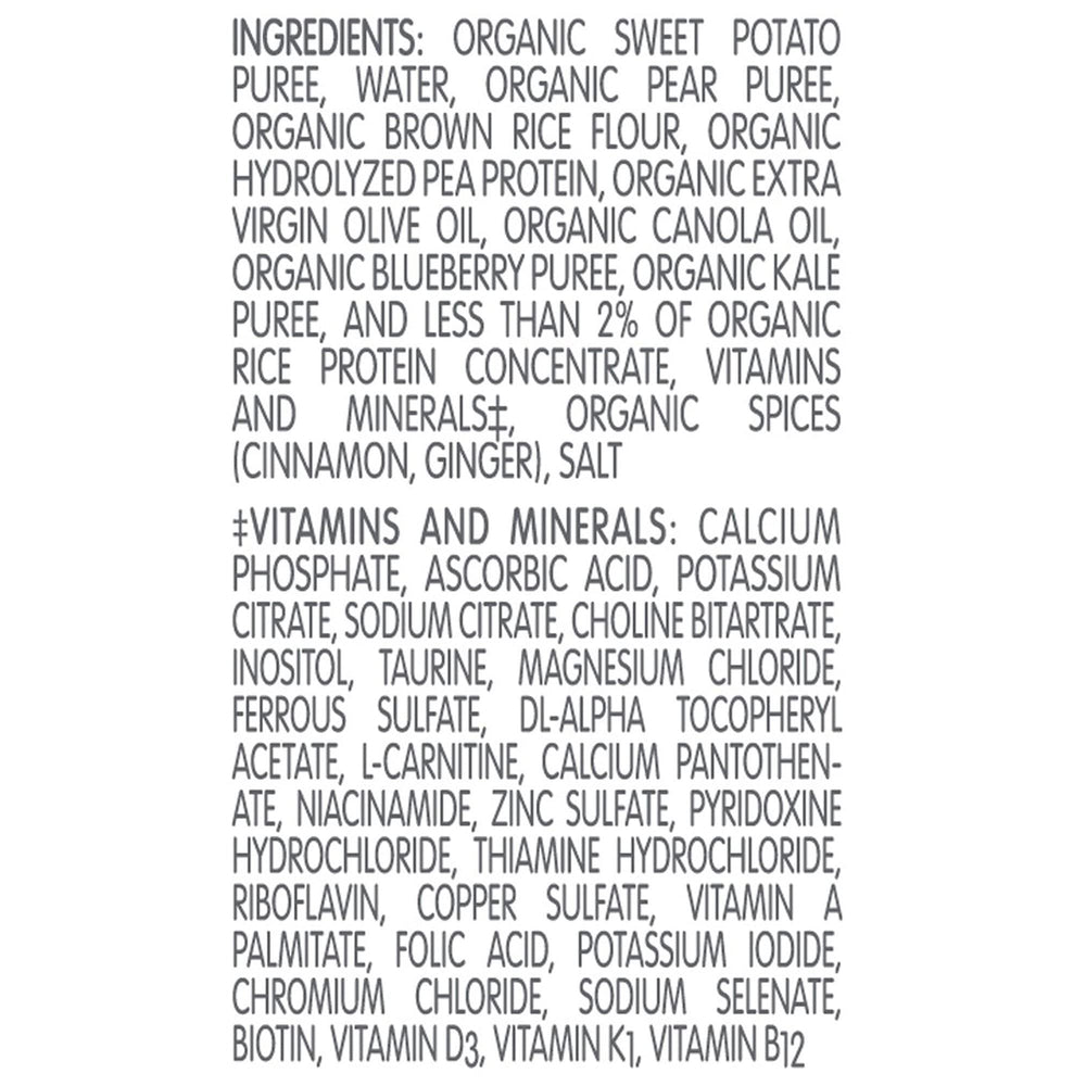 Ingredients panel of Compleat Organic Blends featuring fruits, vegetables, and chicken
