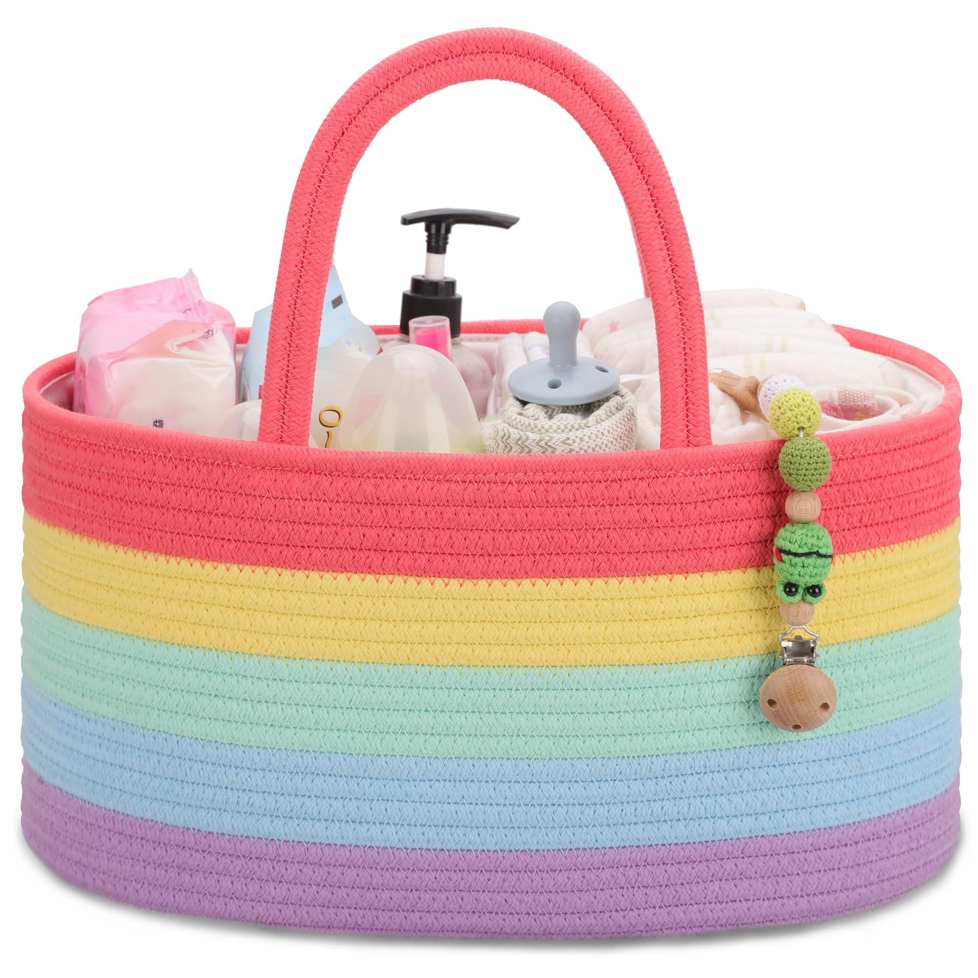 COMSE baby diaper caddy organizer in rainbow fabric keeps diapers within easy reach