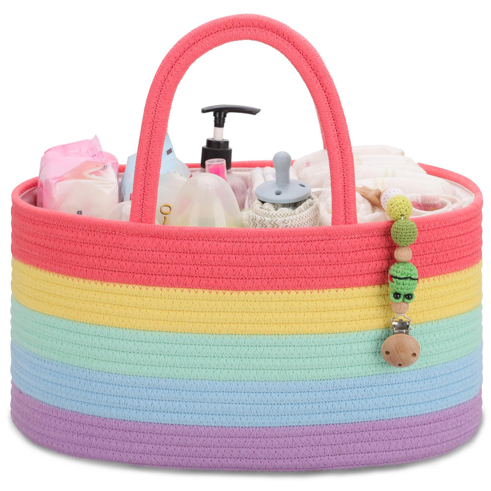 COMSE baby diaper caddy organizer in rainbow fabric keeps diapers within easy reach