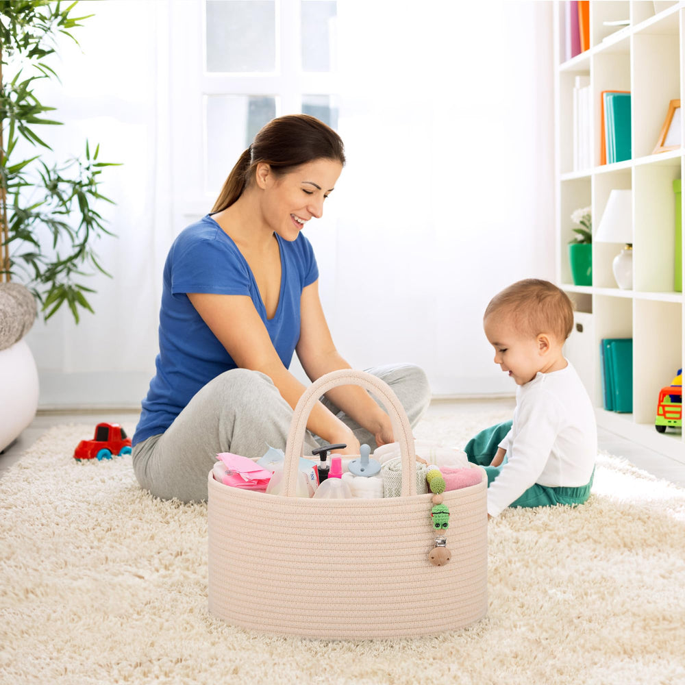COMSE diaper storage basket with removable T divider doubles as toy bin.