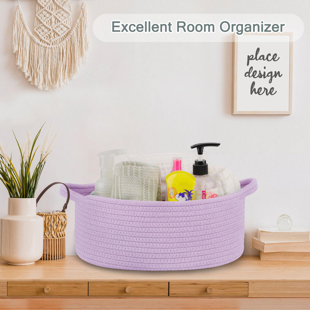 COMSE end-table storage basket holds remotes and cosmetics.